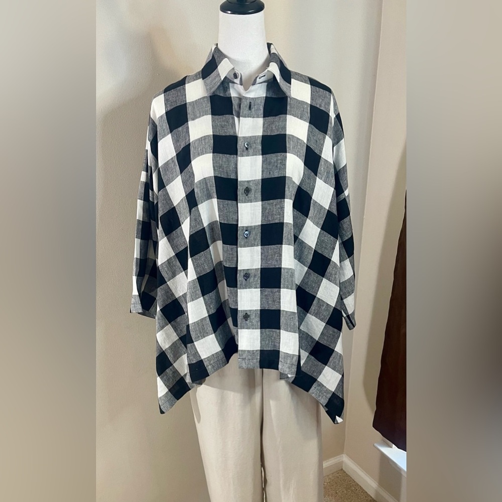 Eskandar Vintage Designer 100% Linen Button Down A-Line Shirt Black & White